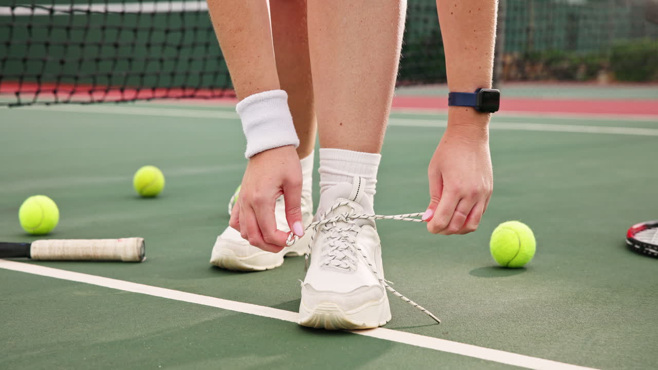 Tying shoelaces on a tennis court