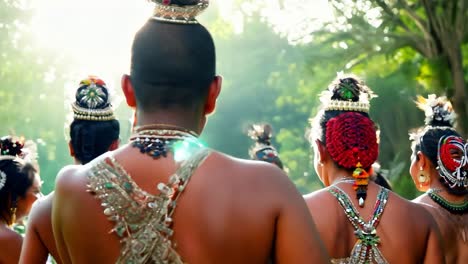 group of indigenous people walks through the forest, showcasing their vibrant traditional clothing and accessories. the scene highlights their rich cultural heritage and connection to nature