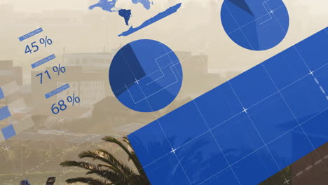 blue schematic circle graphic floating over hazy urban skyline, showing finance icons and charts