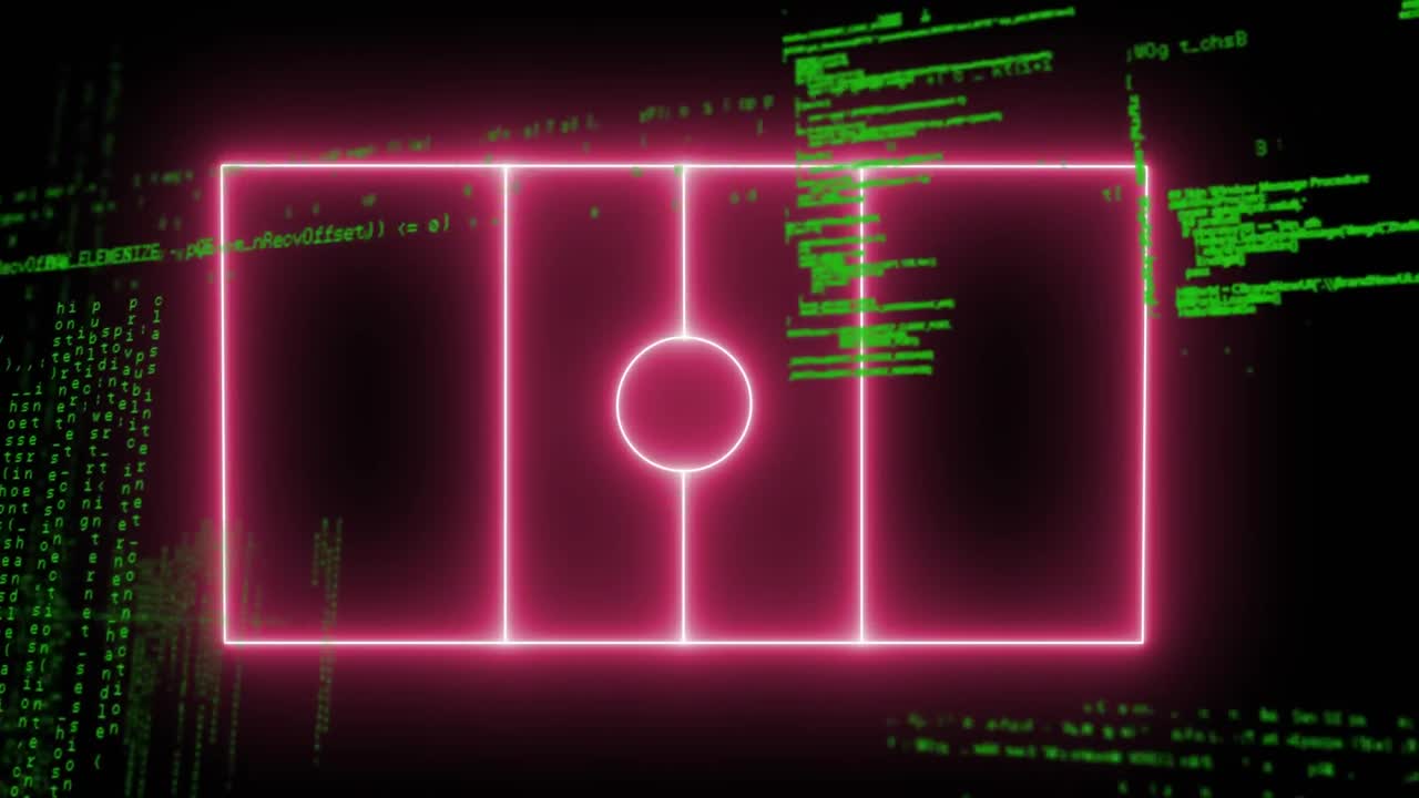 Animation of illuminated sports court over computer language against black background