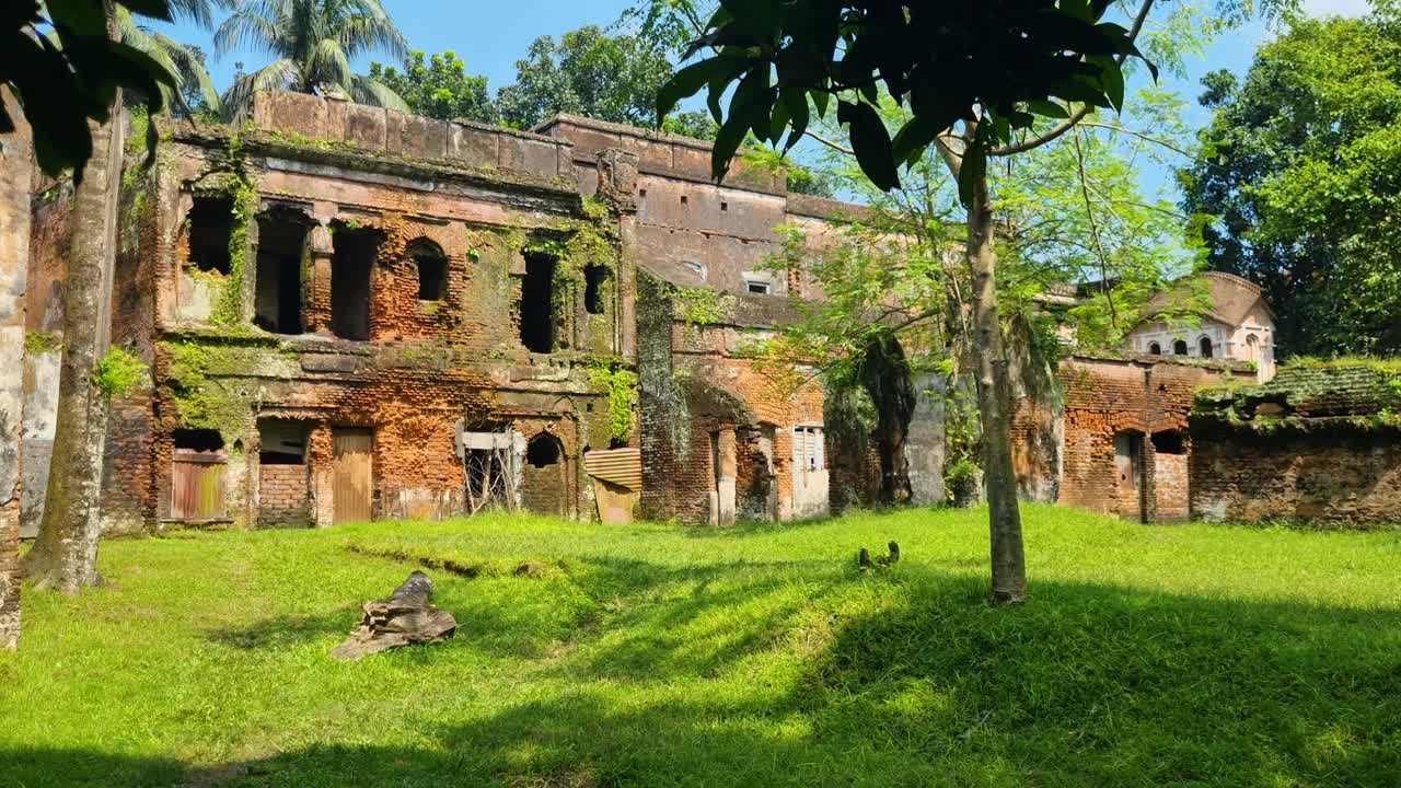 Crumbling colonial mansion in Panam Nagar, Bangladesh, slowly overtaken by vegetation, with ruins bathed in sunlight under a clear blue sky