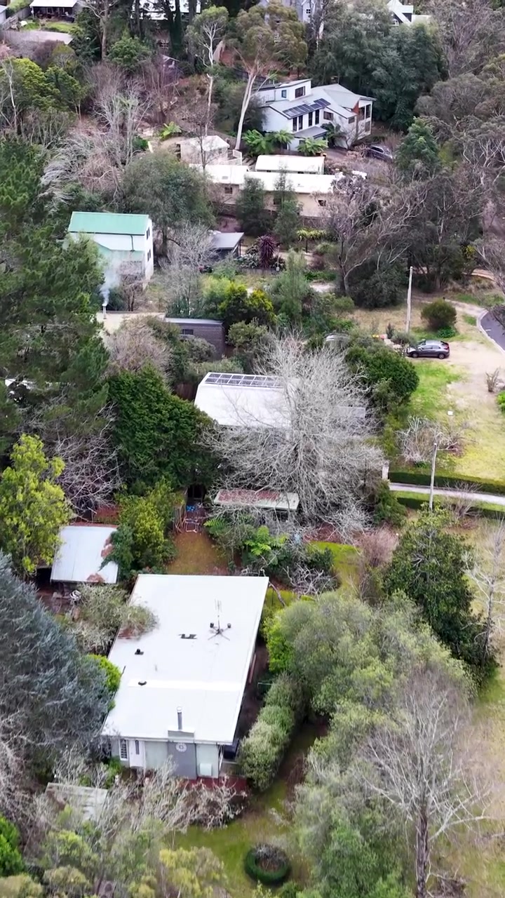 Imagem de drone em ângulo alto de casas suburbanas entre árvores densas em Wentworth Falls, Austrália