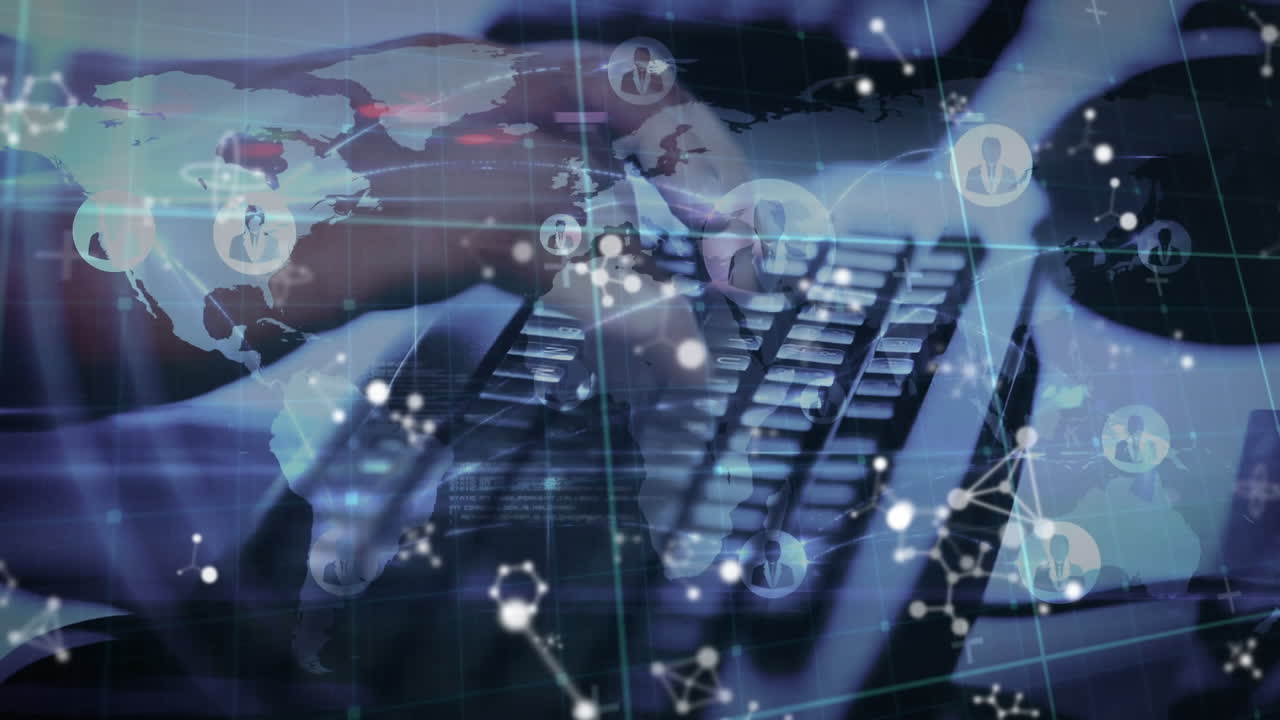 연결의 애니메이션, 세계 지도 및 데이터 처리, 컴퓨터 키보드를 사용하여 손으로