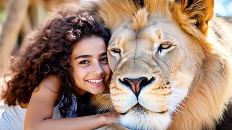 a young girl hugging a large lion in a zoo