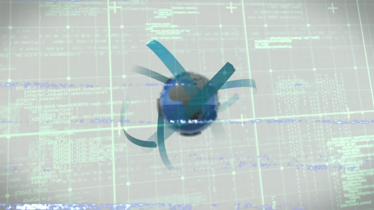 Gray globe expanding into rotating 3D earth glitch lines wrapping ribbons converging network symbol