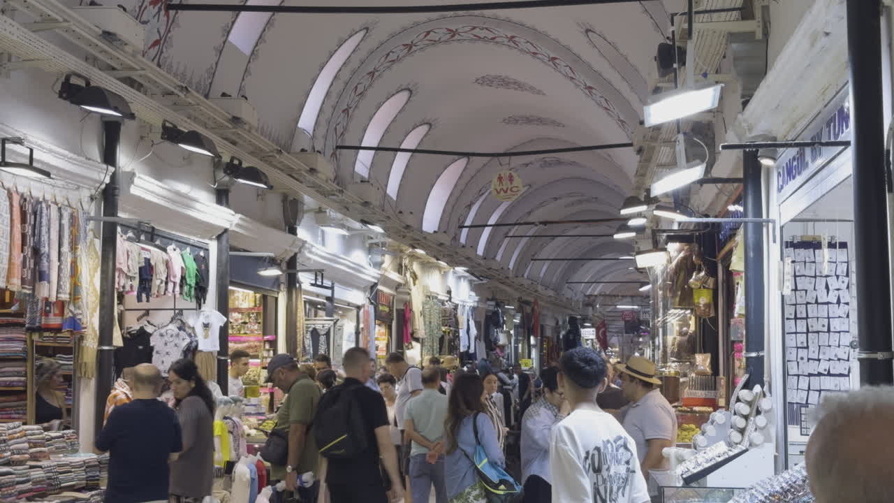 Bustling Indoor Market with Shoppers and Stalls