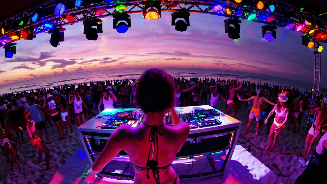 A DJ performs at a vibrant beach party during sunset. The crowd dances energetically on the sand