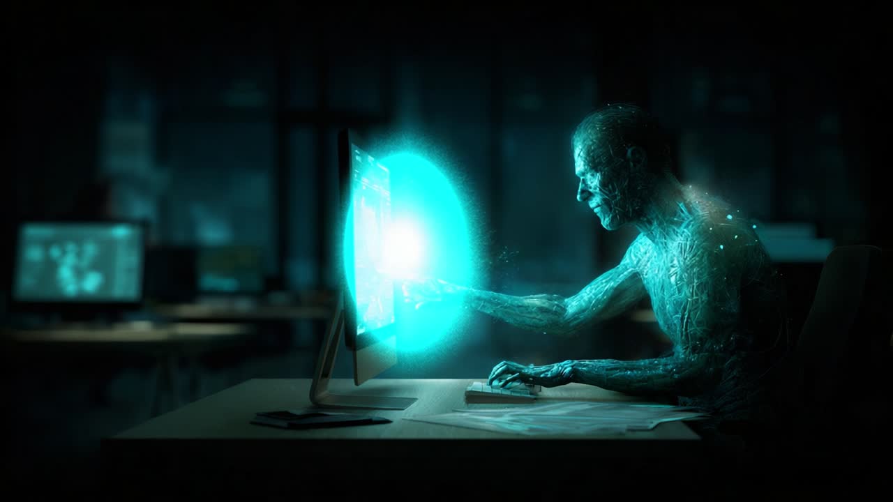 A digital entity interacts with a computer interface, representing the fusion of technology and humanity through an ethereal and holographic aesthetic, creating a captivating visual narrative