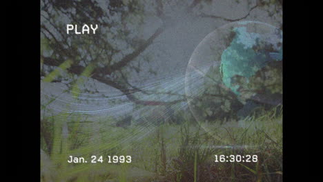 grass and trees with digital globe animation and vintage video overlay
