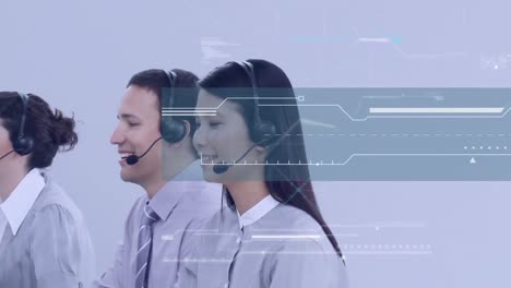 Animation-of-data-processing-over-diverse-business-people-using-phone-headsets