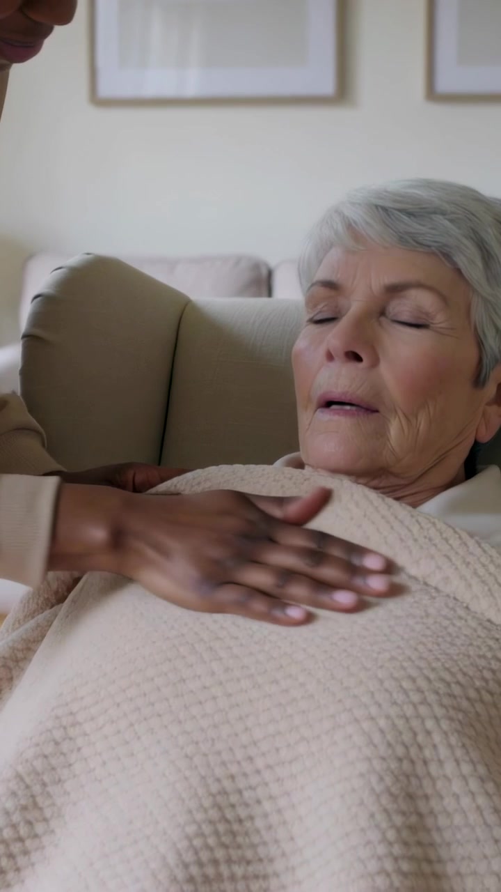 Video verticale: Assistente con top beige che si china per coprire un anziano sul divano con una coperta leggera, confortandolo.