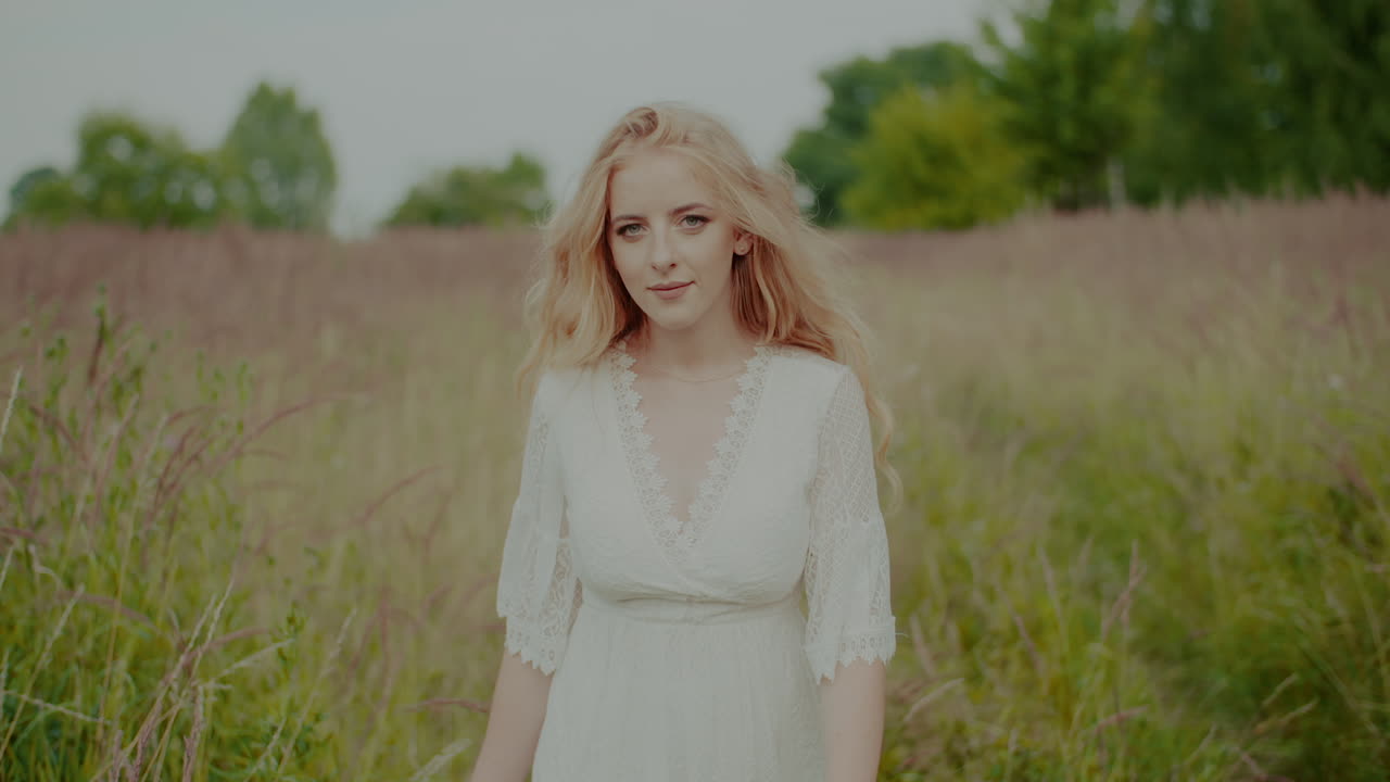 아름 다운 미소 금발 여자 걷고 카메라를 찾고