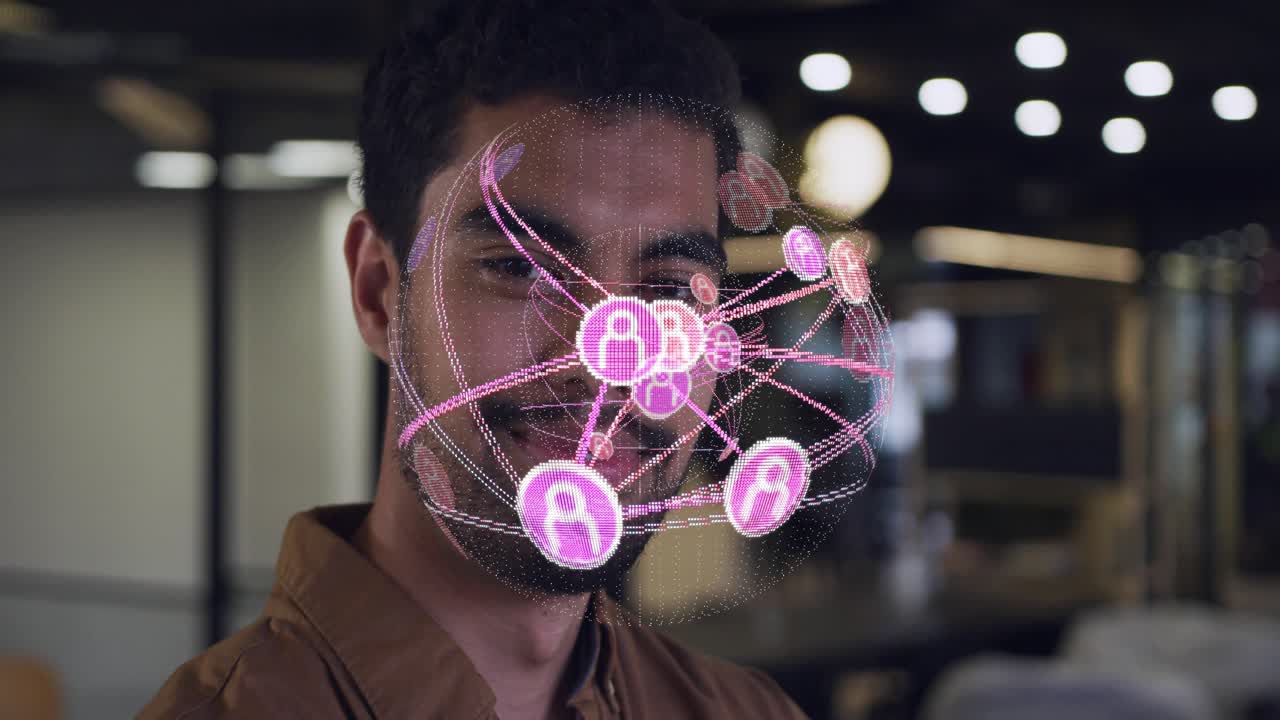 Man standing in office, 3D tech network appearing beside face, reshaping node, showing links