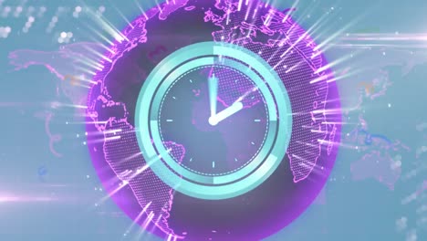 animación de un reloj que se mueve rápidamente por el globo con redes de conexiones y un mapa del mundo