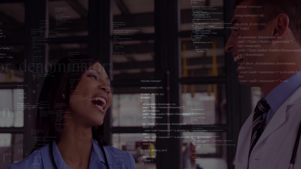 Nurse turning head toward doctor, sharing laugh during health code overlay scrolling across frame