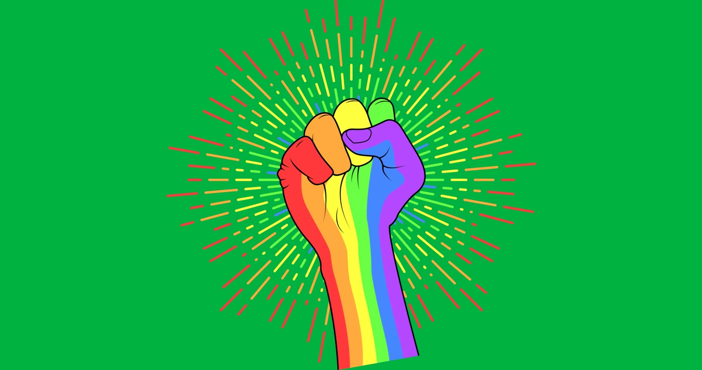 Digital animation of glowing rainbow fist icon against black background