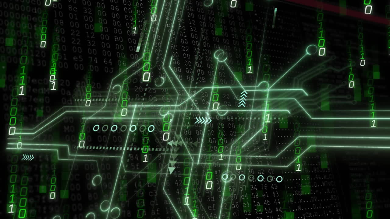 animación de codificación binaria y procesamiento de datos digitales sobre fondo negro