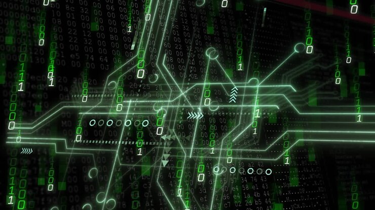 Animation of binary coding and digital data processing over black background