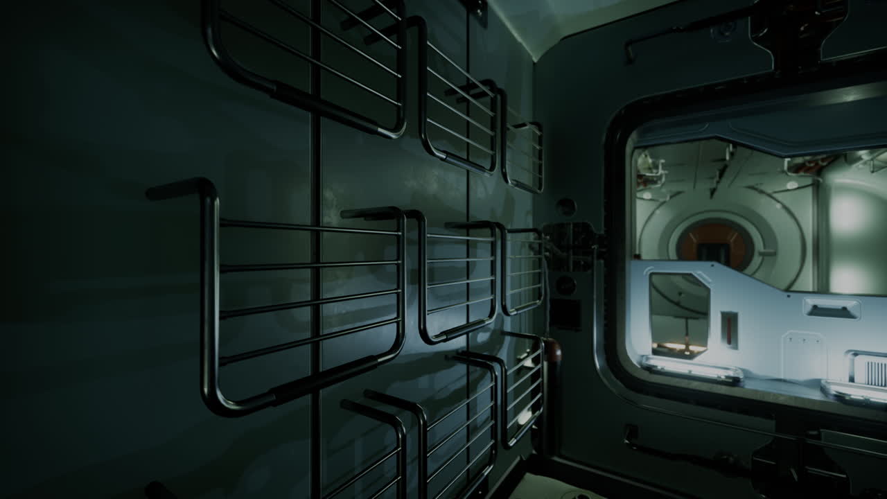 우주선 내부 복도: 어두운 미래의 sf 장면