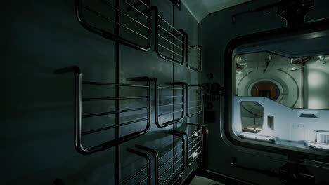 spaceship interior corridor: dark futuristic sci-fi scene