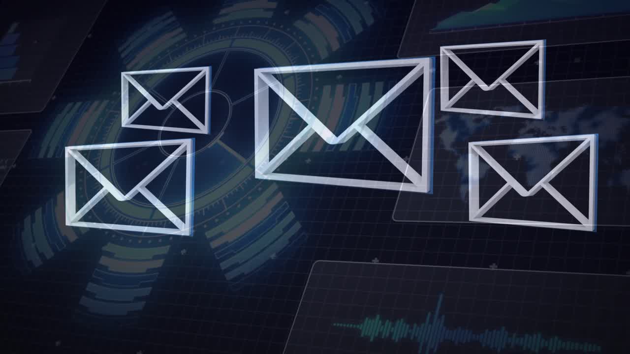 цифровая анимация нескольких значков сообщений, плавающих на круглом сканере на синем фоне