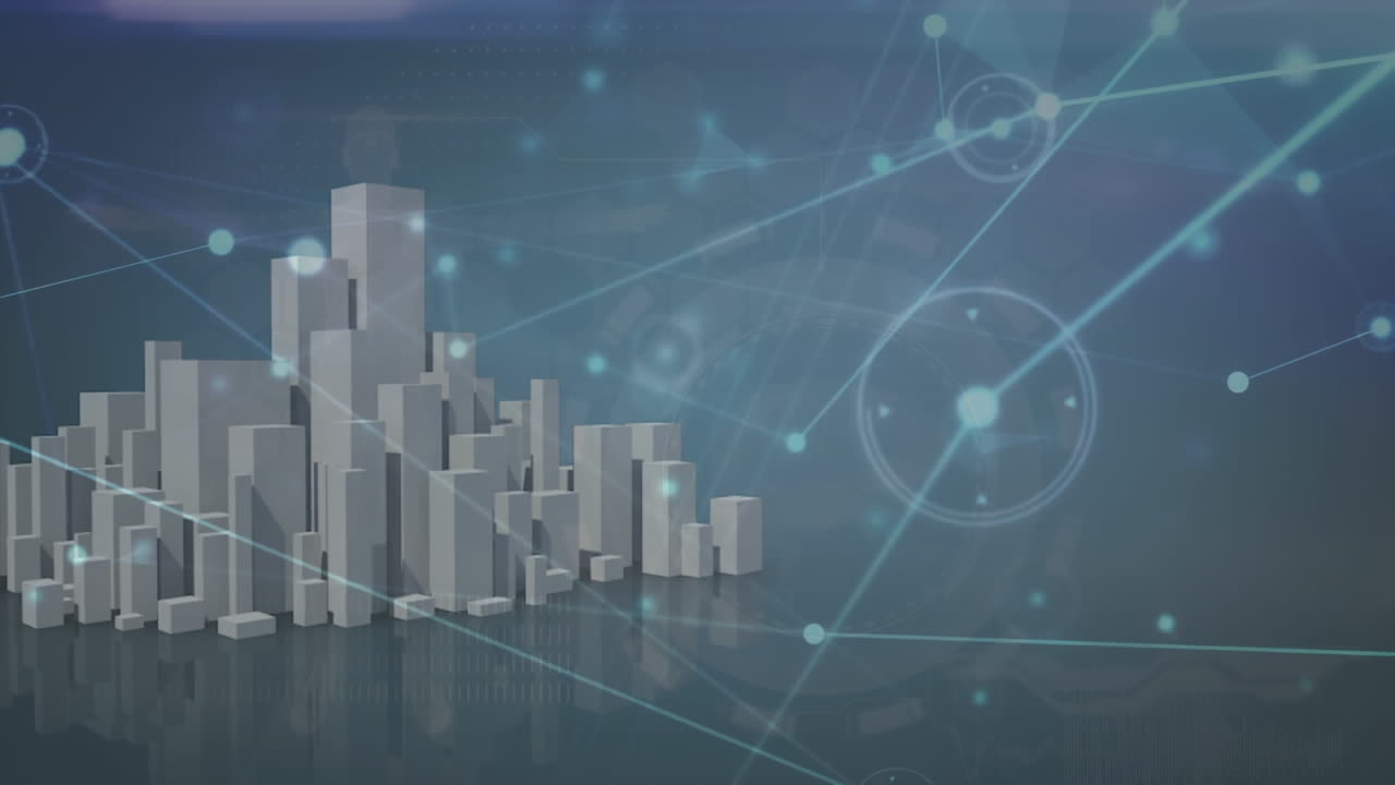 animación de la red de iconos de perfil y senderos de luz contra el modelo de ciudad 3d en fondo gris