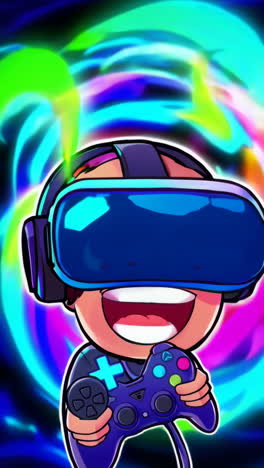 happy cartoon gamer in vr headset playing video games