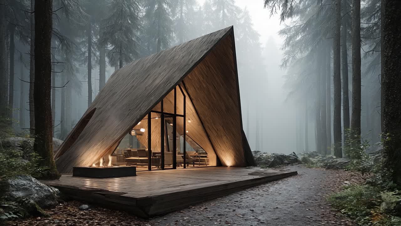Casetta moderna immersa in una foresta mistica: Una meraviglia architettonica contemporanea che si fonde con la natura, circondata da alberi alti e nebbia soffice nella tranquilla natura selvaggia.