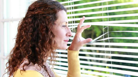 una mujer mirando a través de una persiana.