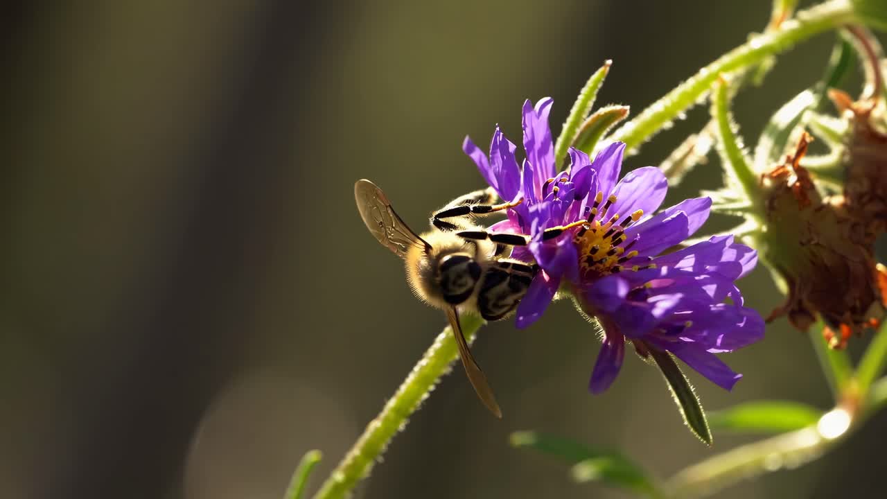 A low-angle video captures a lush forest with tall trees and vibrant wildflowers