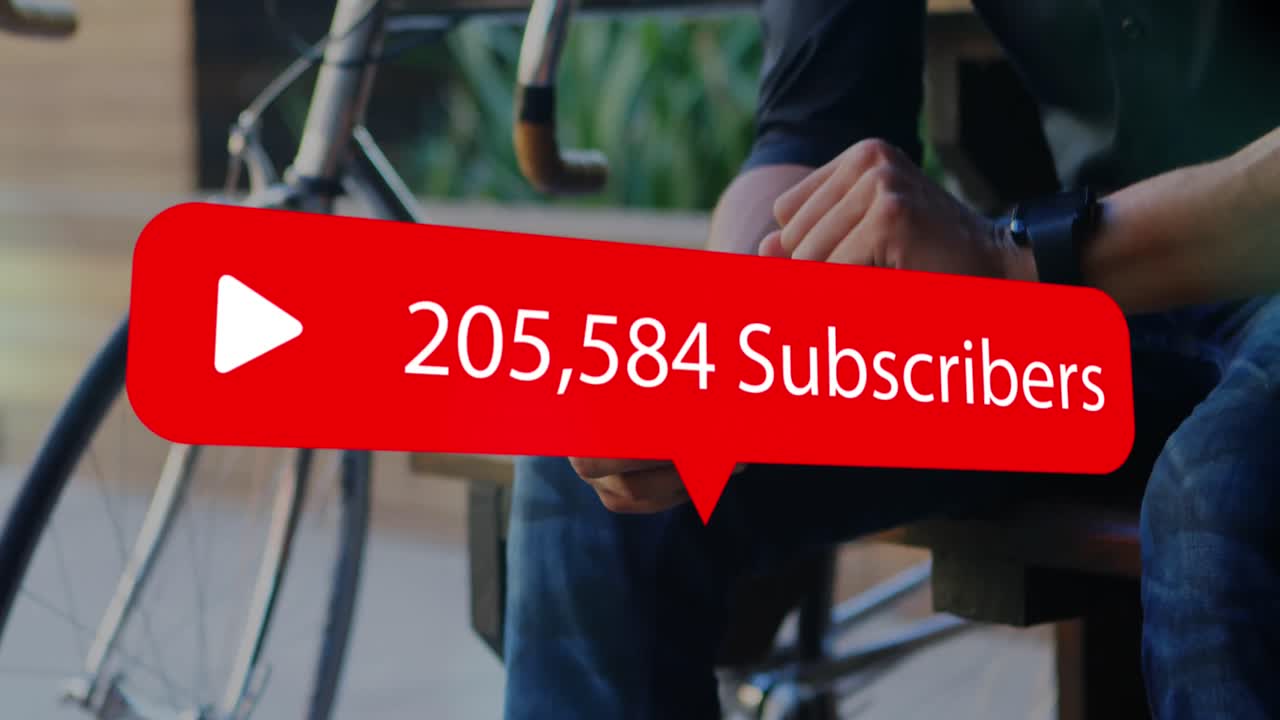 Speech bubble with subscribers text with increasing numbers against man using smartphone