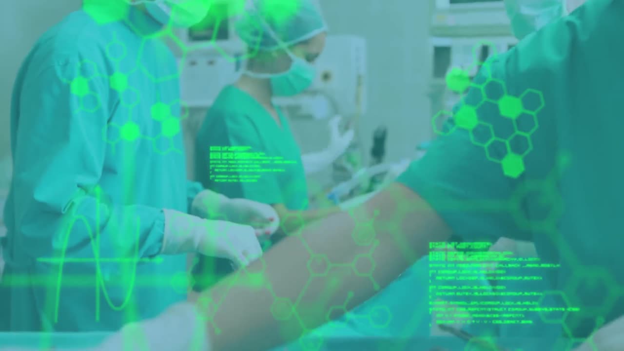 Animation of medical information and data processing over surgeons at work in operating theatre