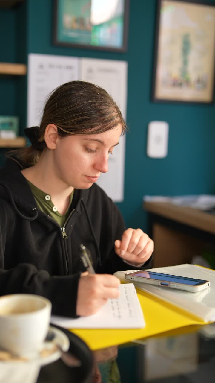una mujer joven estudiando en un café.