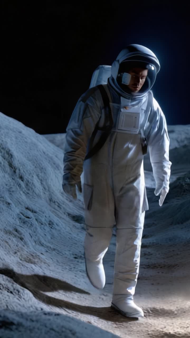 An astronaut explores the lunar landscape, showcasing the human spirit of adventure and exploration within the cosmos under an otherworldly night sky