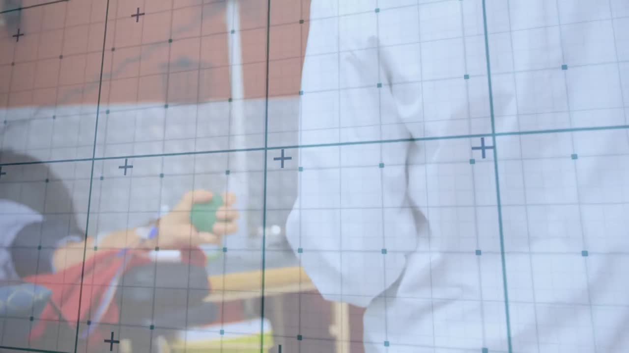 animación de procesamiento de datos sobre médico caucásico con paciente