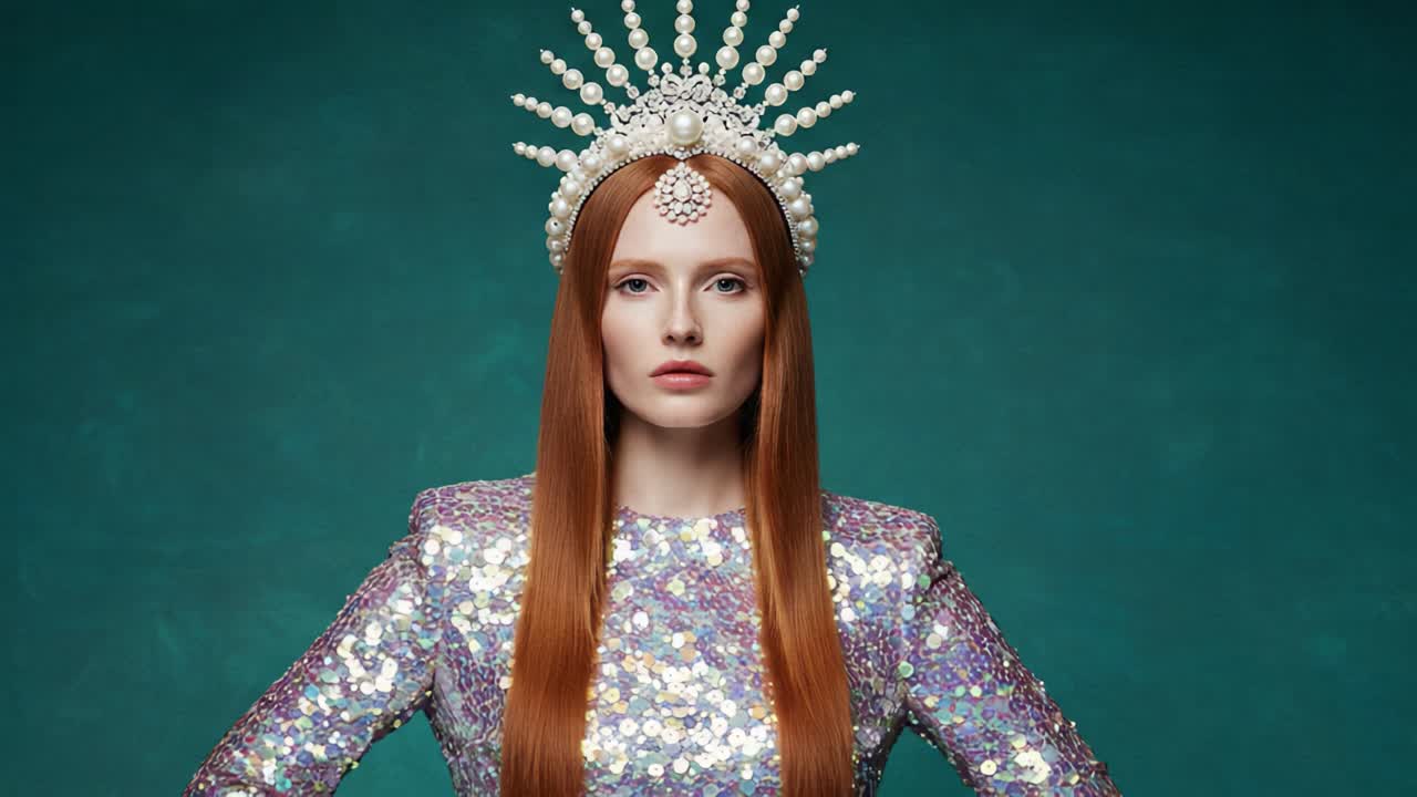 A striking portrait of a model exuding elegance, adorned in a shimmering sequined outfit and a pearl crown, set against a vibrant teal backdrop, showcasing modern fashion artistry
