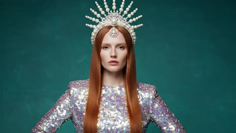 a striking portrait of a model exuding elegance, adorned in a shimmering sequined outfit and a pearl crown, set against a vibrant teal backdrop, showcasing modern fashion artistry