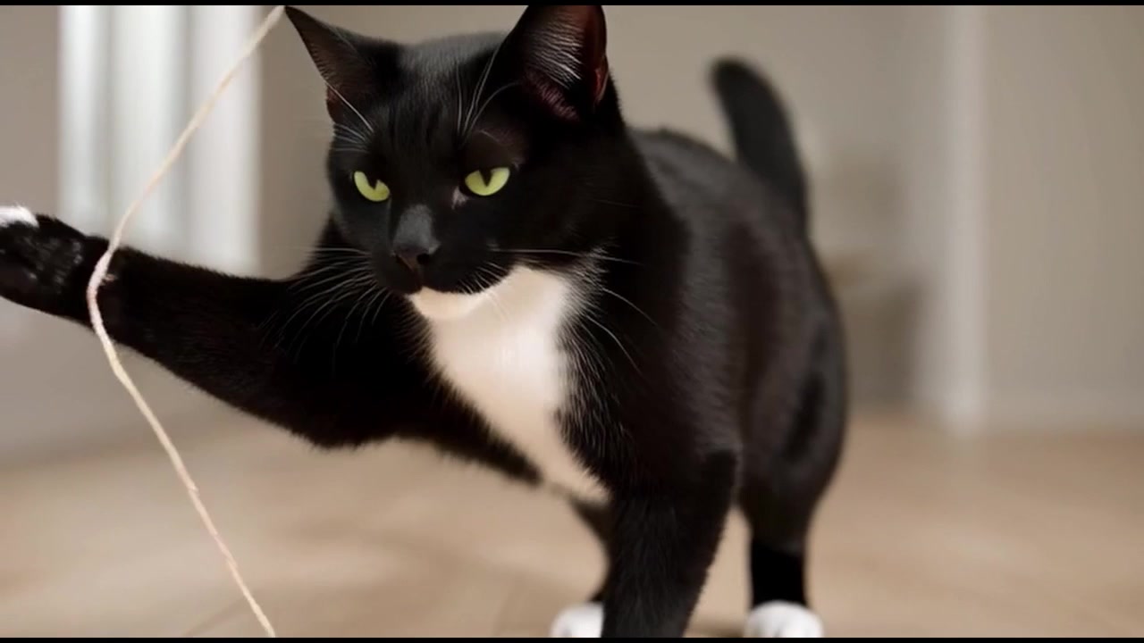 Gato Preto e Branco Brincando com um Fio