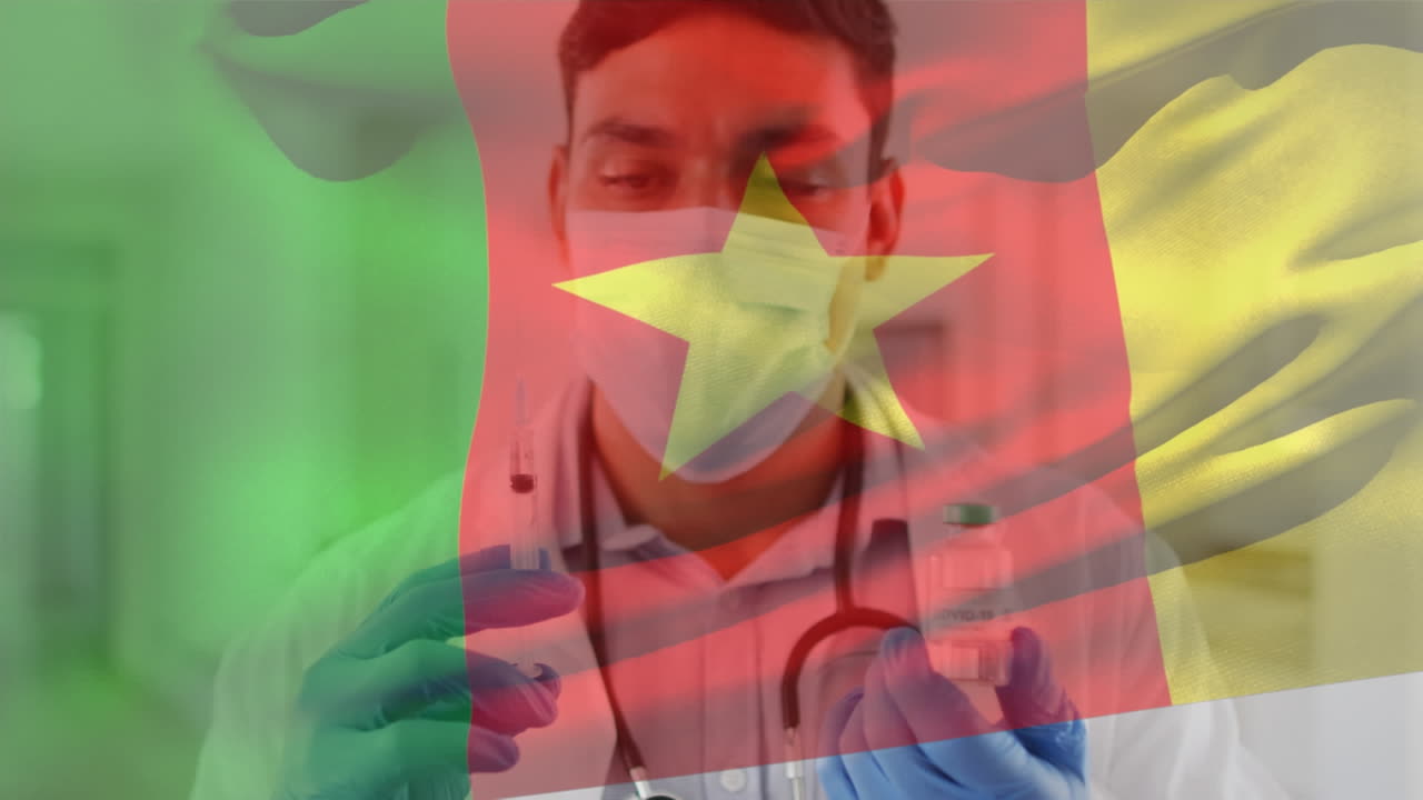 카메룬의  ⁇ 발이 흔들리는 애니메이션 의사가 얼굴 마스크를 쓰고 백신을 들고 있다