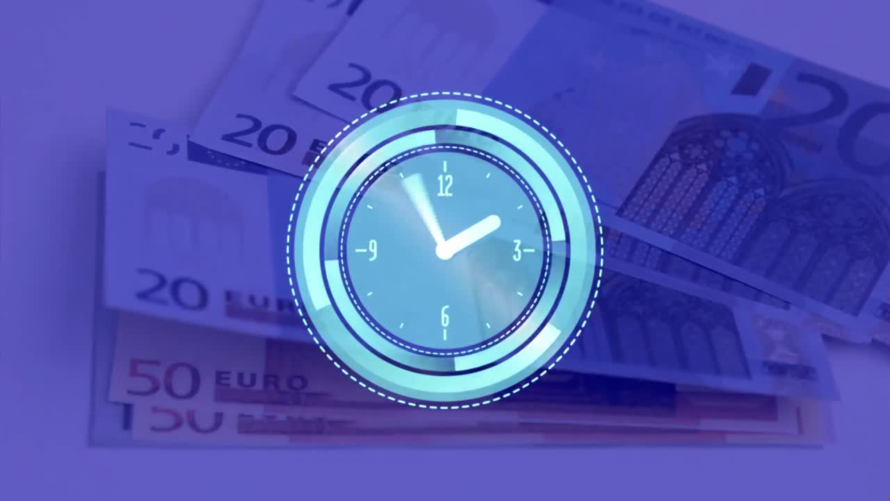 Animación digital de un reloj brillante tictaqueando contra billetes de euro flotando sobre un fondo azul