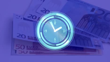 Digital-animation-of-glowing-clock-ticking-against-euro-bills-floating-on-blue-background