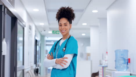 Woman,-doctor-and-hospital-with-arms-crossed