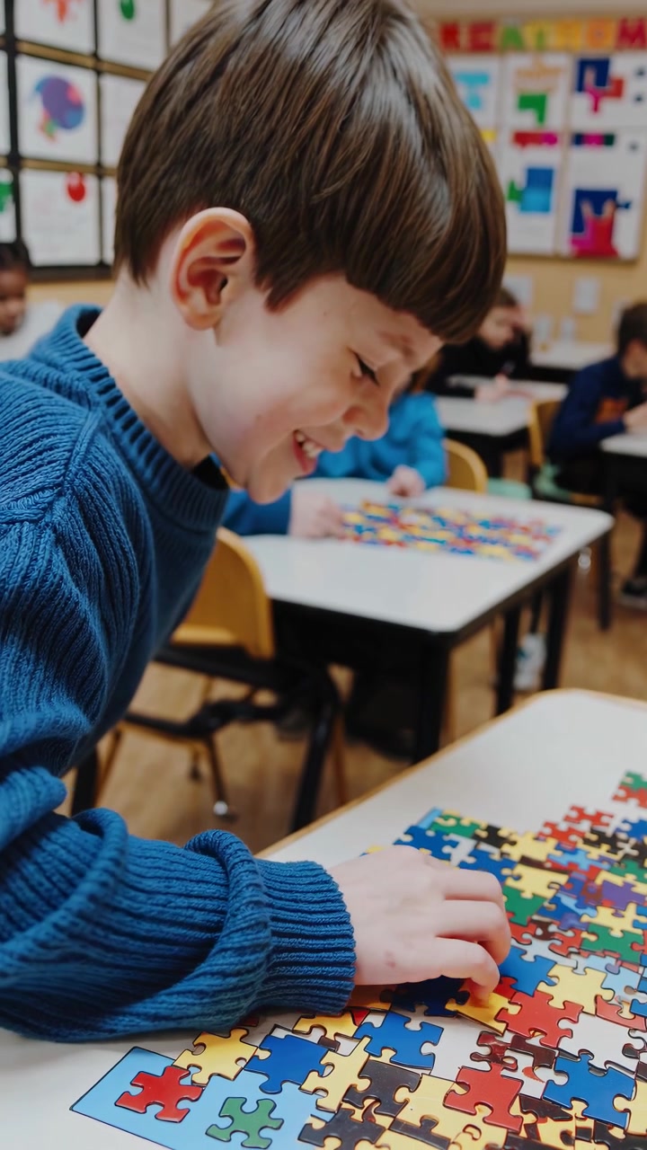 Giovane ragazzo che compone un puzzle colorato in classe