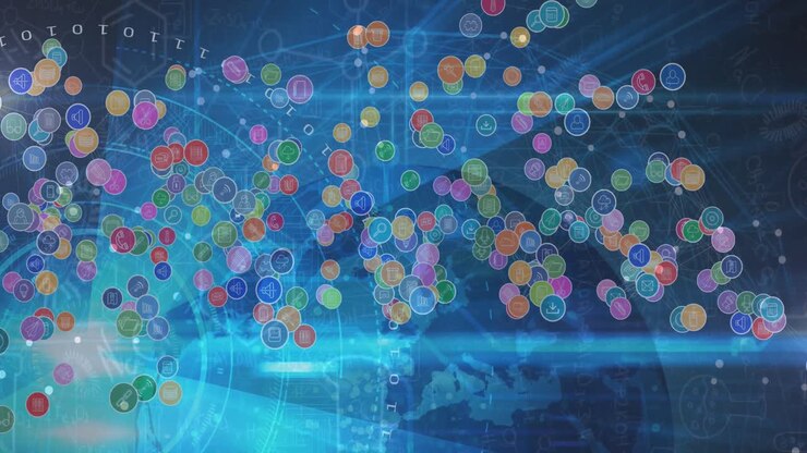 Animation of globe of network of connections with icons over business people