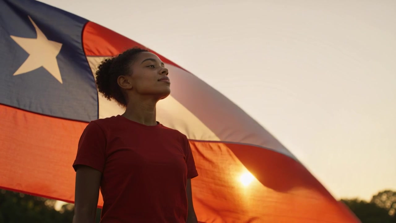 Una mujer de pie observa cómo el viento se levanta y la bandera puertorriqueña ondea a la hora dorada, con una camiseta roja.