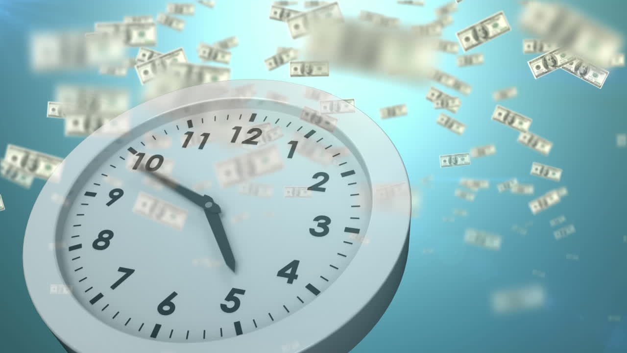 Animación digital de reloj tictaqueando sobre billetes de dólares americanos flotando en un fondo azul