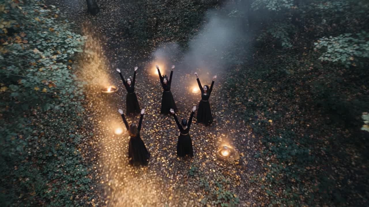 En mystisk samling i den fortryllede skogen: Skikkelser i svarte slør danser blant gnister og røyk, og kanaliserer gamle ritualer under et løvtak