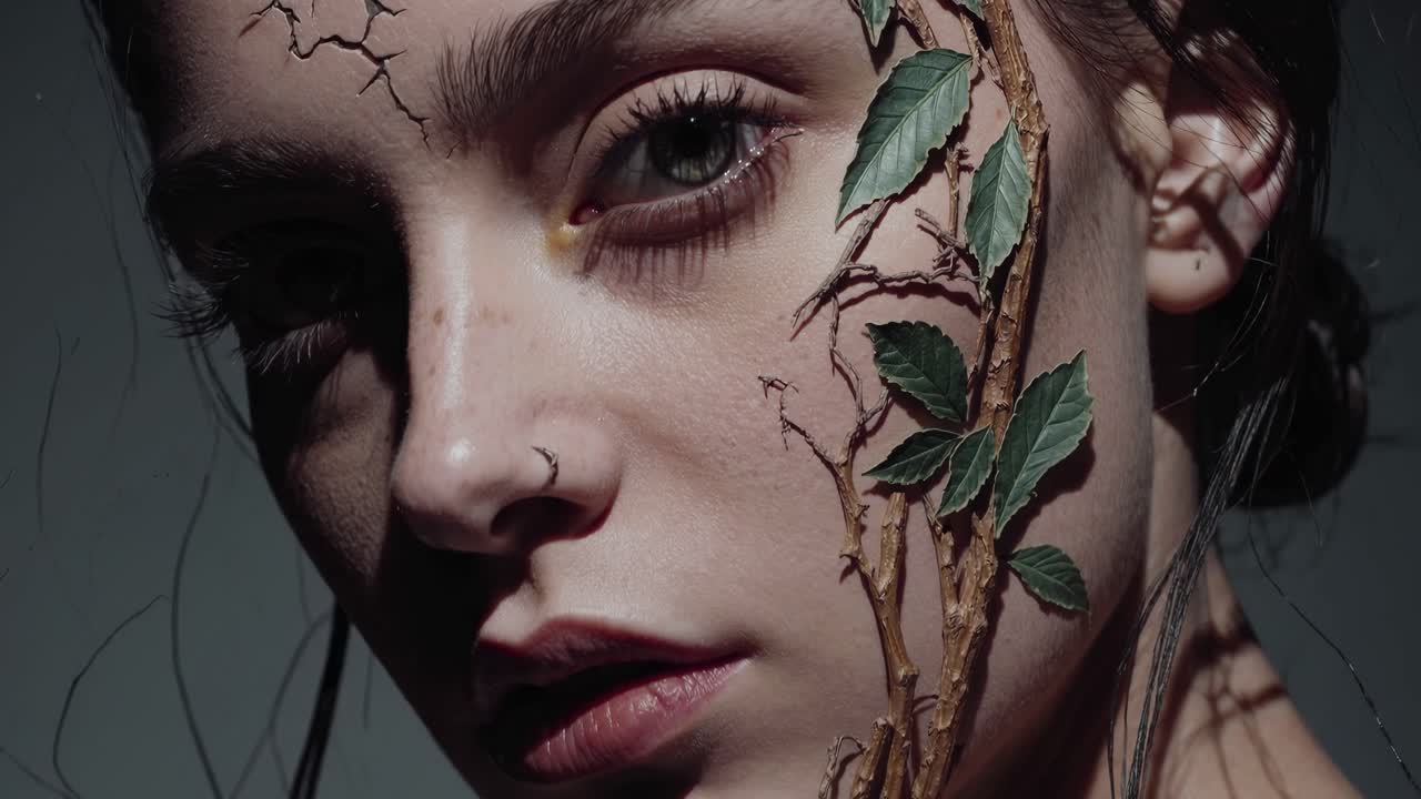 Wooden branches growing through cracked makeup, revealing organic textures merging human skin with natural forest elements in artistic beauty portrait