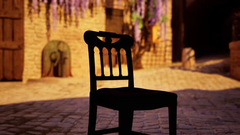 a lone chair in a medieval village