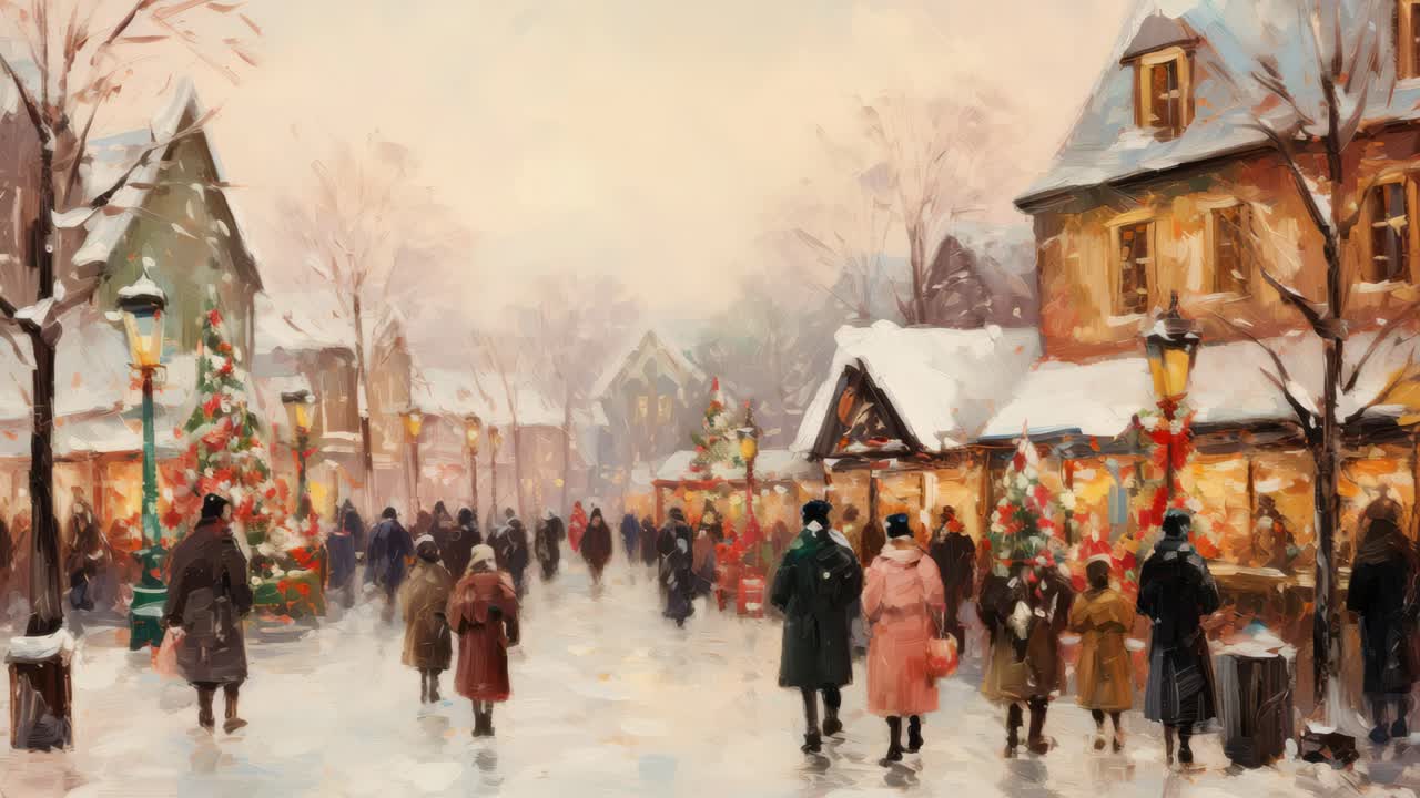 A video-style painting captures a snowy village scene from a street-level angle, showcasing festive